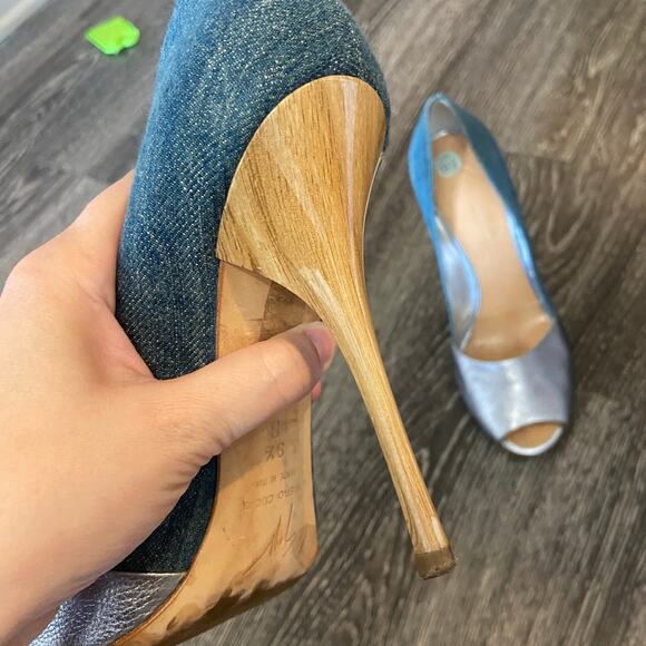 Giuseppe Zandotti Women's Size 9.5 Blue Denim & Silver Koka Peep Toe High Heels - Picture 11 of 14